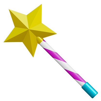 Children's magic wand with colorful ribbons. 3D illustration of a children's toy. 3D render illustration in cartoon style. Transparent background, isolation.