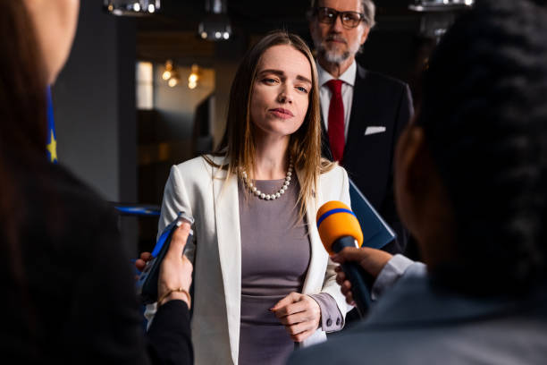 istock Political speech of EU consul during press campaign 2148286173