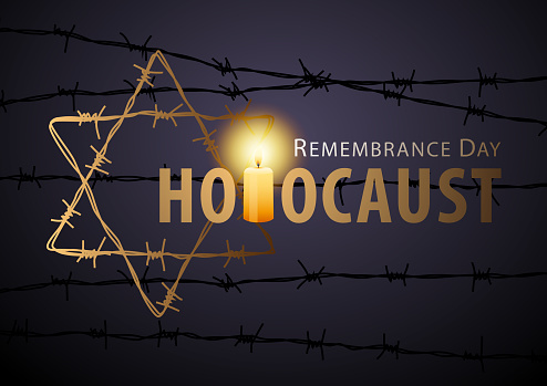 The commemoration of Holocaust Remembrance Day, remembering the holocaust tragedy of Jews that occurred during the Second World War with candle igniting the Star of David and barbed wire