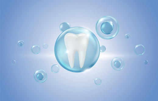 The power of fluoride, a salt of the element fluorine. Protects strong, clean, white teeth and prevents tooth decay. Realistic vector background.