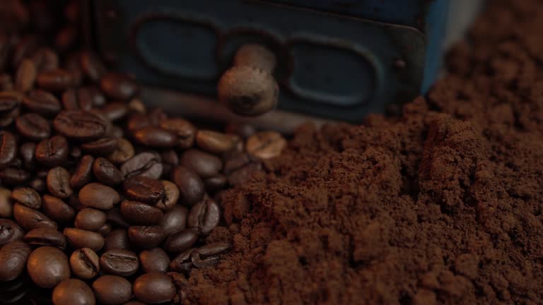 Coffe Beans, Vintage Grinder and Fine Ground Coffee, Close Up