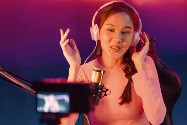 istock Host channel of creative broadcaster living by smartphone with guest. Stratagem. 2148287776