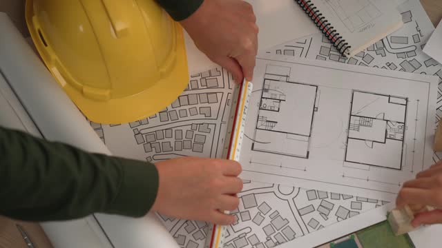 Architects discuss about house construction design with blueprint. Delineation.