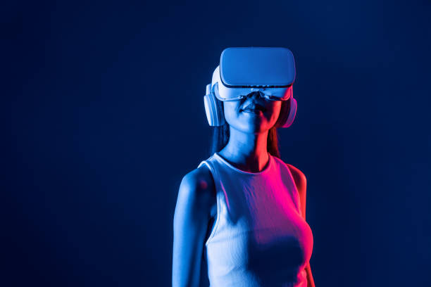 istock Elegant female connect metaverse looking generated virtual area. Hallucination. 2148290476