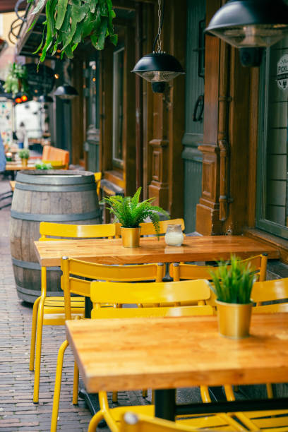 istock cafe terrace with blurry street, vacation, Drieharingstraat, Utrecht 2148290896