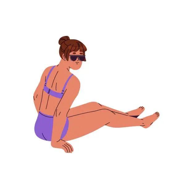 Vector illustration of Young woman in bikini sits on beach, sunbathing back view. Cute tanned girl in swimsuit relaxes. Happy person in sunglasses looking behind. Flat isolated vector illustration on white background