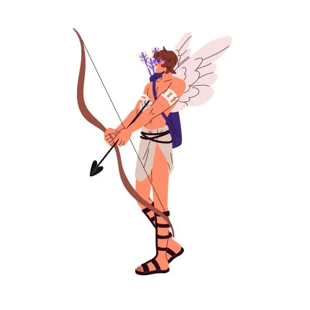 Vector illustration of Cupid costume for halloween party. Angel of love with bow, arrows, wings. Guy wearing Amur suit at valentine day carnival. 14 february masquerade. Flat isolated vector illustration on white background