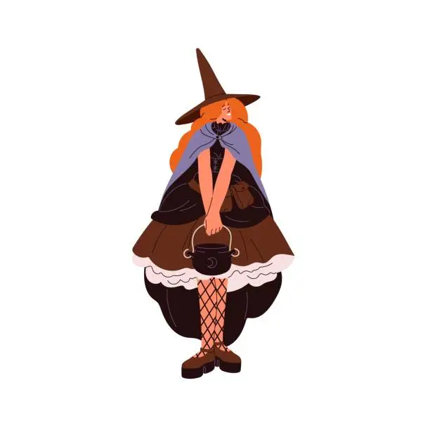 Vector illustration of Witch costume for Halloween party. Sorceress in pointed hat on Helloween carnival. Cute girl dressed in wizard holds magic cauldron in hands on masquerade. Flat isolated vector illustration on white