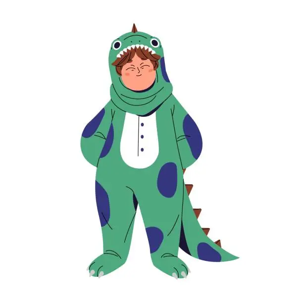 Vector illustration of Kid in amusing costume of dino in Halloween masquerade. Funny child dressed in adorable dinosaur with hood, tail. Boy in cute monster suit smiles. Flat isolated vector illustration on white background