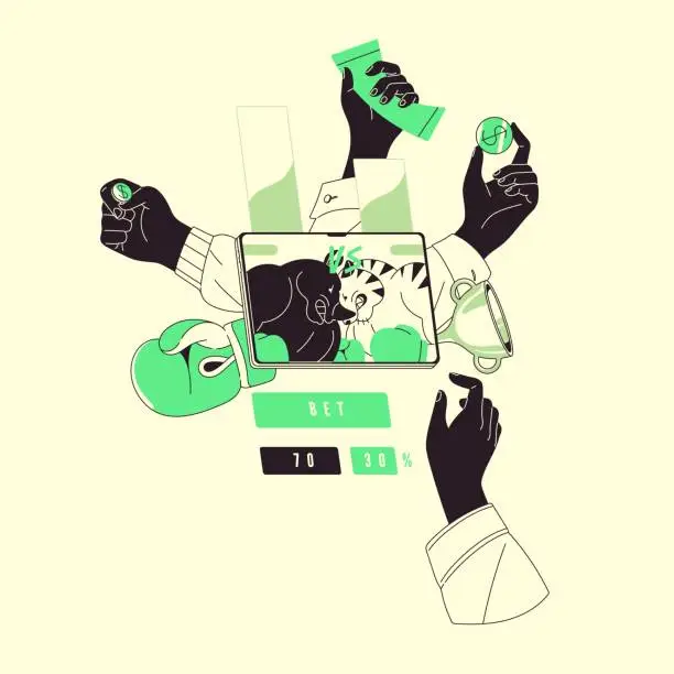 Vector illustration of Gambling people bet on box match online. Person wagering on sports, plays games of chance by tablet. Hand with coins, in boxing gloves. Bookmaker service concept. Flat isolated vector illustration