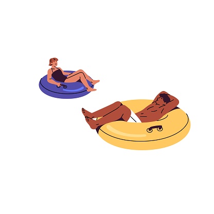 Happy men and women floating on inflatable circles in aquapark. People relax on water. Girl and boy lying on lifebuoys in swimming pool. Beach activity. Flat isolated vector illustration on white.