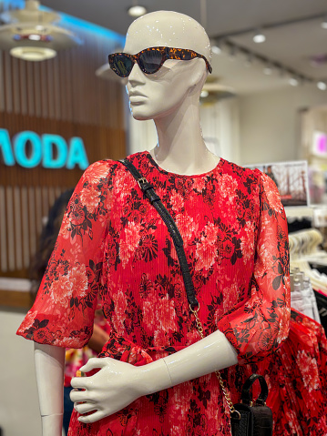 A mannequin wearing a red dress and goggles.. The mannequin is standing in a store