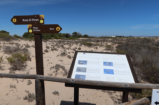 Salinas El Pinet, La Marina, Alicante, Spain, April 10, 2024: Information signs on the dune route of Salinas del Pinet, La Marina, Alicante, Spain