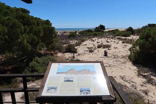 Salinas El Pinet, La Marina, Alicante, Spain, April 10, 2024: Information sign on a bird watching tower on the dune route of Salinas del Pinet, La Marina, Alicante, Spain