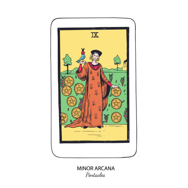 istock Tarot card vector deck . Minor Arcana Pentacles . Occult esoteric spiritual Tarot. Isolated colored hand drawn illustrations 2148293138