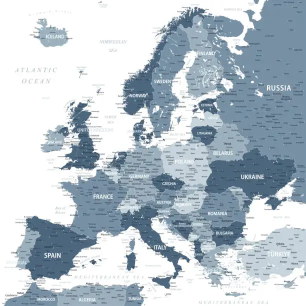 Vector illustration of Europe - Highly Detailed Vector Map of the Europe. Ideally for the Print Posters. Grey Silver Monochrome Retro Style