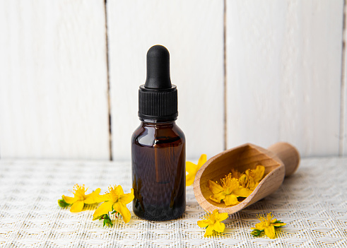 Hypericum perforatum known as perforate St John's-wort tincture or oil bottle with plant flowers for decoration on white wood board background. Herbal medicine concept.