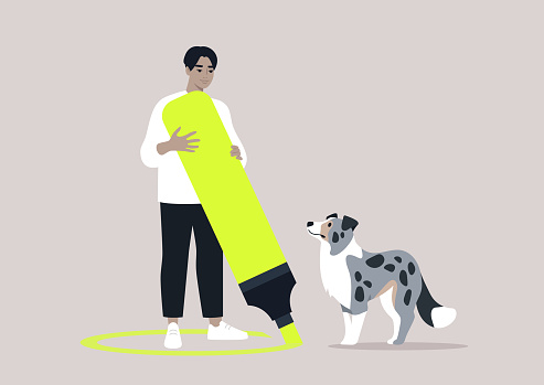Setting Boundaries in Training With a Border Collie, A trainer establishes a metaphorical perimeter with a bright line during an obedience session with an attentive dog