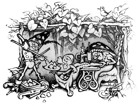 A fairy tale scene with toadstools and dwarves