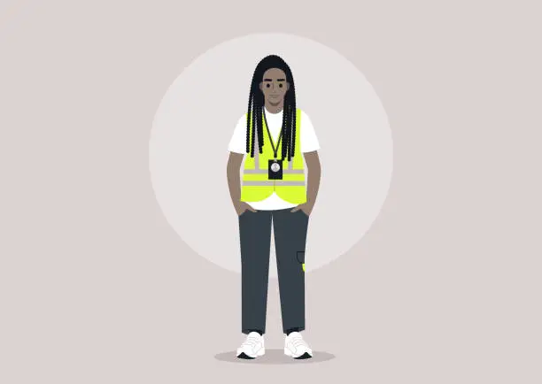 Vector illustration of Dedicated Volunteer Ready to Assist, A character stands poised in a neon high visibility safety vest and lanyard, exuding readiness and commitment