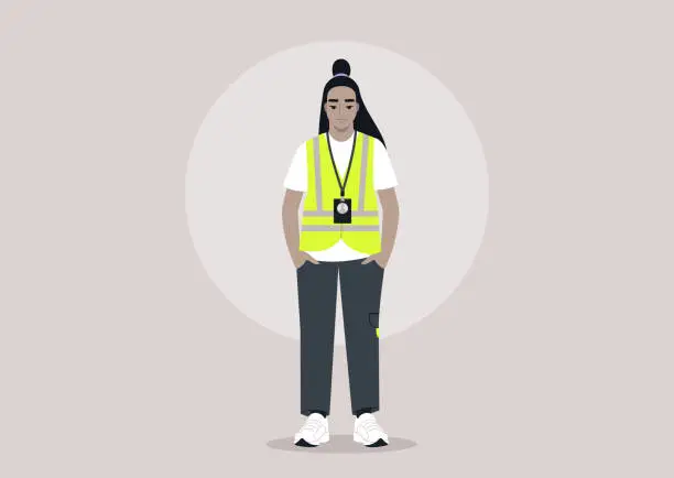 Vector illustration of Dedicated Volunteer Ready to Assist, A character stands poised in a neon high visibility safety vest and lanyard, exuding readiness and commitment