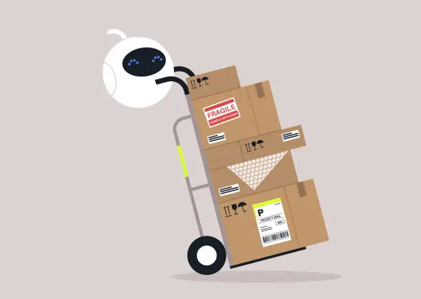 Vector illustration of Futuristic Robot Delivers a cart of Packages Effortlessly, A sleek bot balances a stack of cardboard boxes on a dolly, ready for delivery