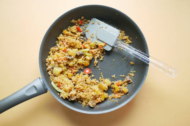 top view of bulgur rice on a cooking pan ,