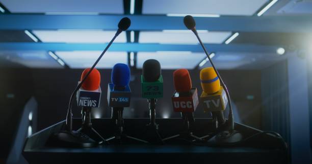 istock Speech tribune with microphones for interview for media or television 2148295931
