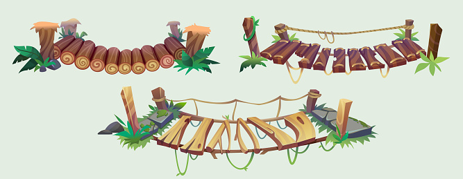 Hanging old bridge with rope, stones and green grass for game ui design. Cartoon vector illustration set of wooden suspension dangerous risky footbridge straining over abyss at edge of cliff.