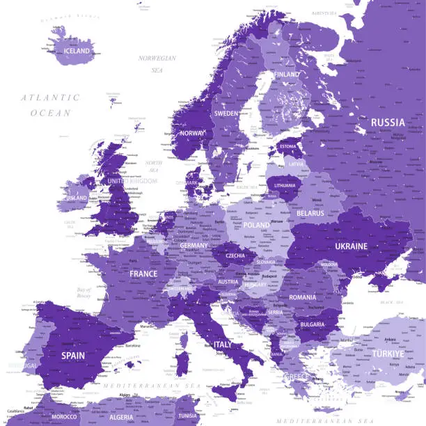 Vector illustration of Europe - Highly Detailed Vector Map of the Europe. Ideally for the Print Posters. Purple Lilac Monochrome Retro Style