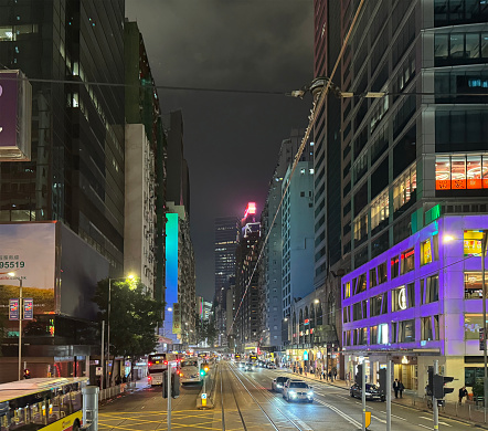 Causeway bay is a denssly populated district in main Hong Kong island around the central area, hosting many attractions, corporate offices, apartments, and many other amenities. Its typicality include bustling metropolitan vibes  with famous Hongkong signboards, billboards, neon lights, tram, pedestrians, and cars passing by.