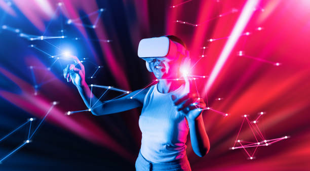 istock Elegant woman in metaverse woman use finger touch virtual object. Hallucination. 2148298186