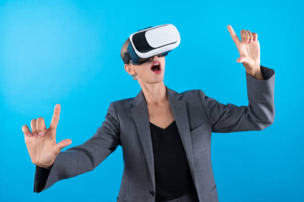 istock Caucasian business woman excited to explore visual reality world. Contraption. 2148298357