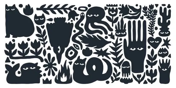 Vector illustration of Art characters. Black strange creatures. Doodle monsters community. Cute nightmare silhouettes. Animal shapes. Bizarre face eyes. Plant leaves and flowers. Vector abstract illustration