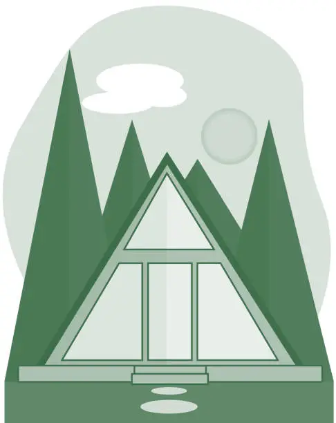 Vector illustration of Glamping in a house in the forest green shades