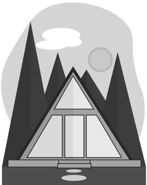 Vector illustration of Glamping in a house in the forest black and white