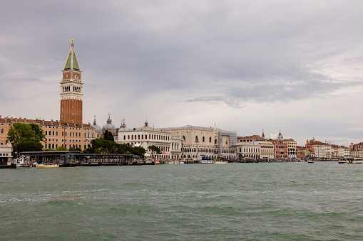 Venice, Italy - 5-7-2022: Grand Canal and the St Marks Campanile in Venice, Italy.