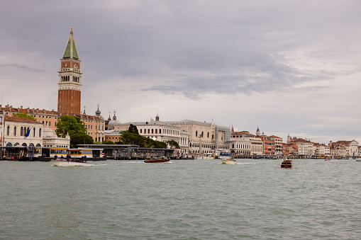 Grand Canal and the St Marks Campanile in Venice, Italy.