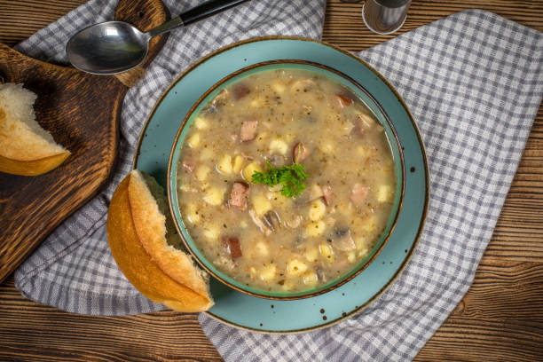 istock Traditional polish soup Zurek in ceramic bowl. 2148300504