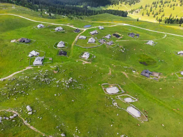 Photo of Aerial View of Mountain Cottages on Green Hill of Velika Planina Big Pasture Plateau, Alpine Meadow Landscape, Slovenia