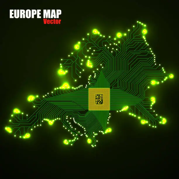 Vector illustration of Abstract Europe map with cpu. Glowing circuit board. Neon technology map