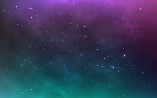 istock Green galaxy with white stars. Magic cosmos with purple clouds. Glowing nebula with stardust. Bright starry universe. Color outer space. Cosmic background. Vector illustration 2148303650