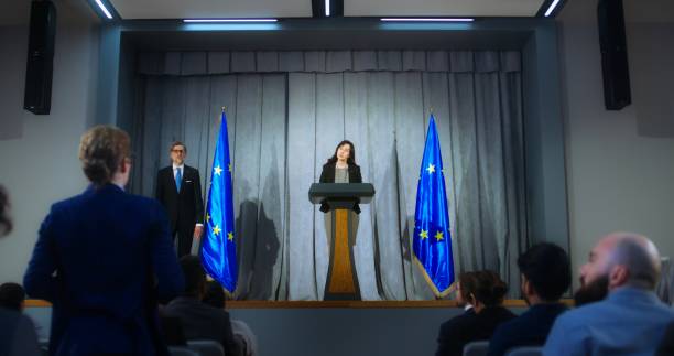 istock Female representative of the European Union during press conference 2148304020