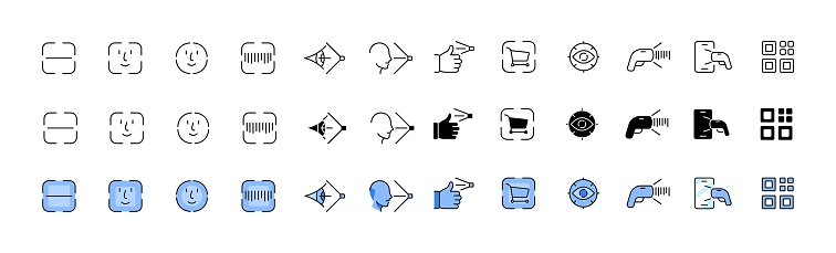 Biometry icon collection. Face ID icons. Linear, silhouette and flat style. Vector icons