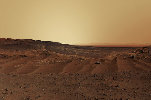 Landscape of the red planet Mars. Desert, rocks and mountains on Mars.