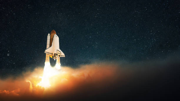 istock Rocket launch into outer space. Spaceship lift off into the starry sky. Successful start, concept 2148304700