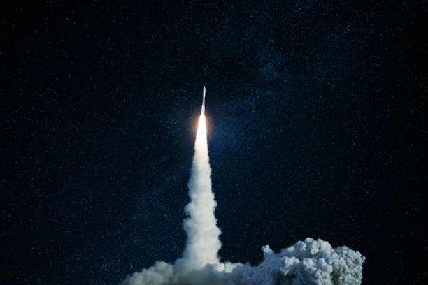 istock Successful launch of a space rocket into outer space. Spaceship lift off into the starry sky. Travel and exploration other planets, concept 2148304774