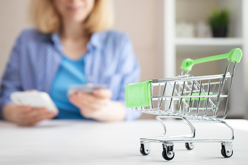 Online shopping, shopping cart on background woman with phone and bank card, consumer sale, digital store, product market