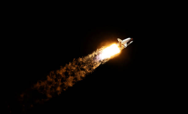 istock Space rocket shuttle with blast and puffs of smoke against the black sky. Spaceship lift off on black background. Space mission, concept. 2148304832