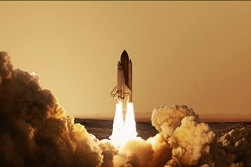 Rocket takes off on the red planet Mars. Spaceship re-launch up. Space wallpaper